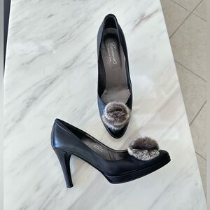 Charisma Italian Black Leather Heels with Fur Pom